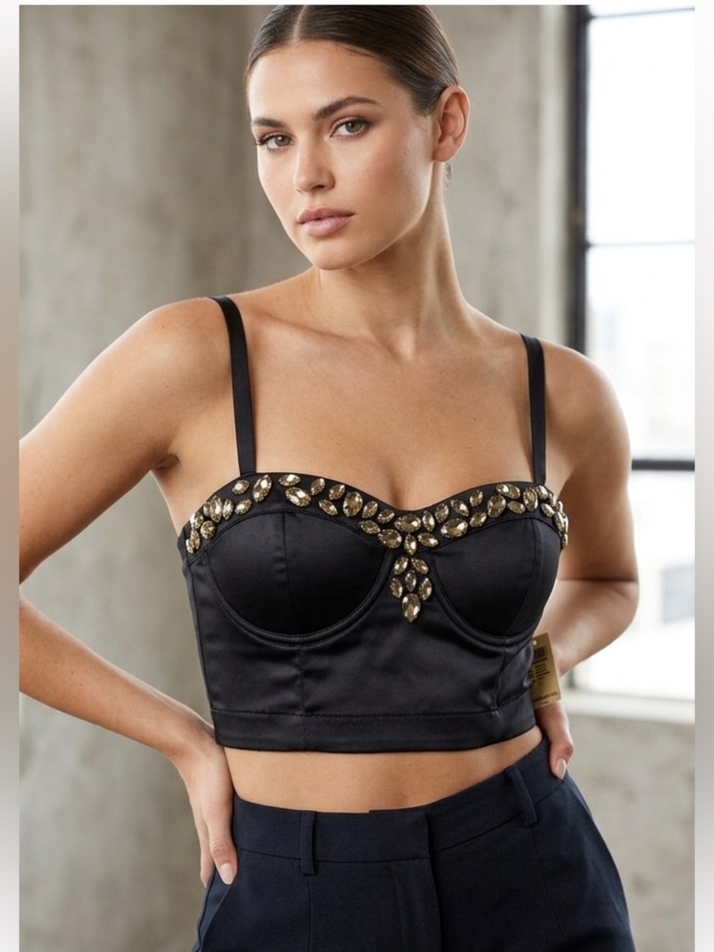 ARDEN B. Black silk Diamond embellished removable straps bustier crop top NWT